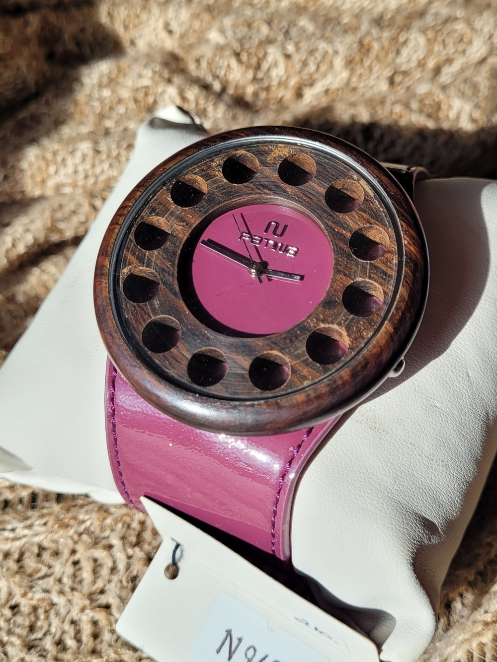 Patina Canada round wooden quartz wrist watch. Magenta Band. Needs Battery. NWT